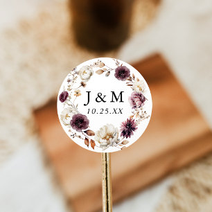 Rustic Autumn Marsala Floral Wedding Monogram Classic Round Sticker