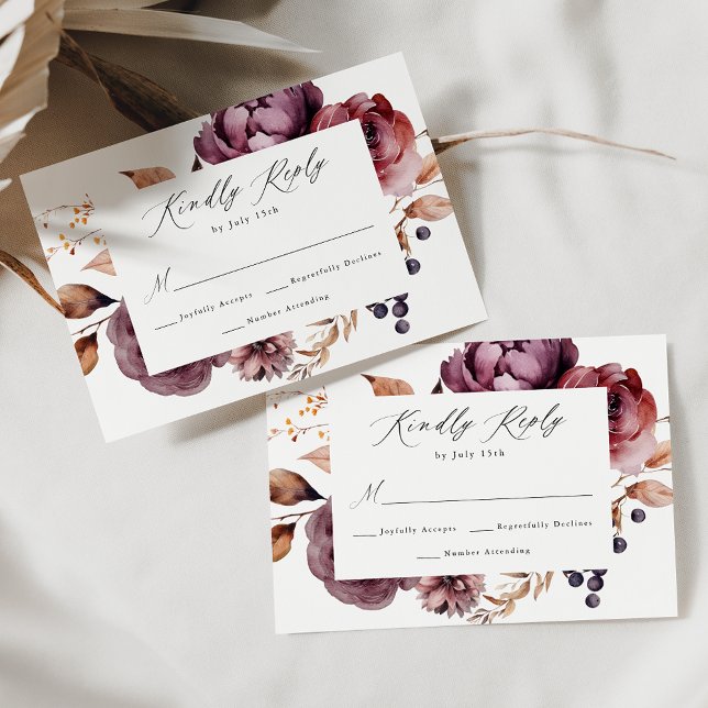 Rustic Autumn Marsala Floral Wedding RSVP Card (Creator Uploaded)