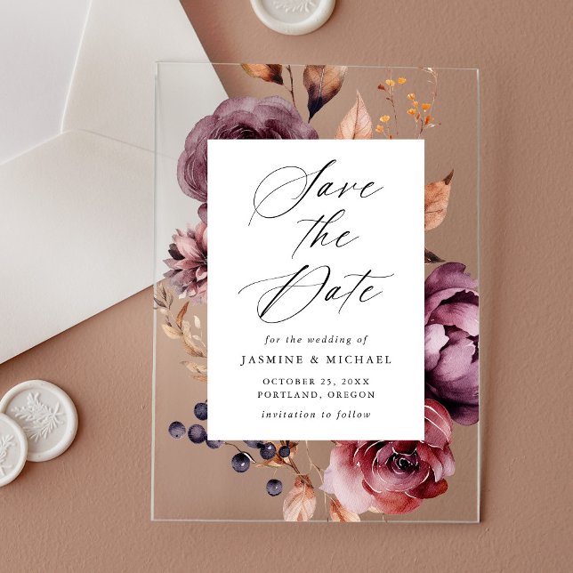 Rustic Autumn Marsala Floral Wedding Save the Date Acrylic Invitations (Creator Uploaded)