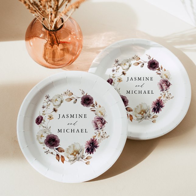 Rustic Autumn Marsala Floral Wreath Wedding Paper Plate (Creator Uploaded)