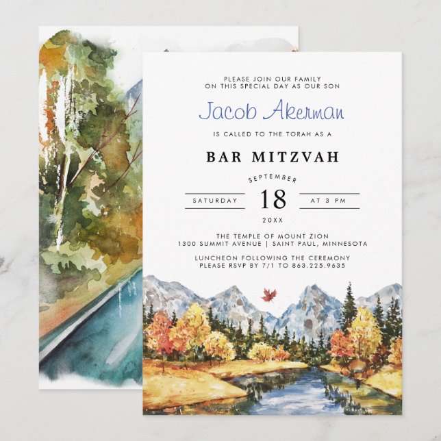 Rustic Autumn Mountain Bar Mitzvah Invitation (Front/Back)