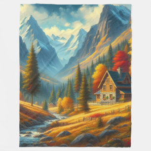 Rustic, Autumn mountain cottage & river Fleece Blanket