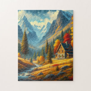 Rustic, Autumn mountain cottage & river Jigsaw Puzzle