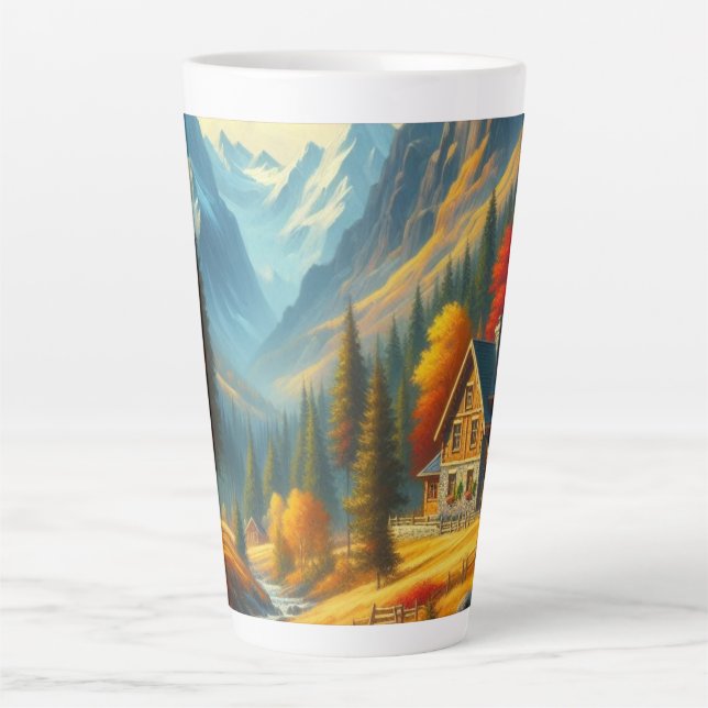 Rustic, Autumn mountain cottage & river Latte Mug (Front)