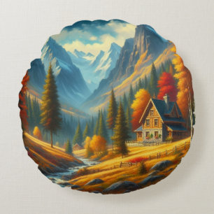 Rustic, Autumn mountain cottage & river Round Cushion