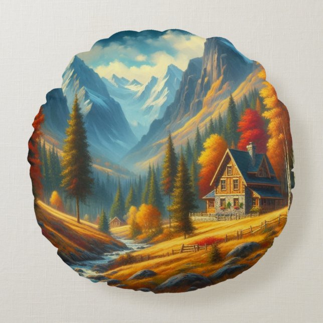 Rustic, Autumn mountain cottage & river Round Cushion (Front)