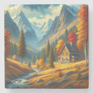 Rustic, Autumn mountain cottage & river Stone Coaster