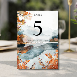 Rustic Autumn Mountain Lake Fall Wedding Table Number