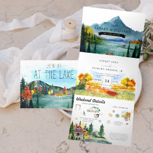 Rustic Autumn Mountain Lake   Illustrated Wedding Tri-Fold Invitation