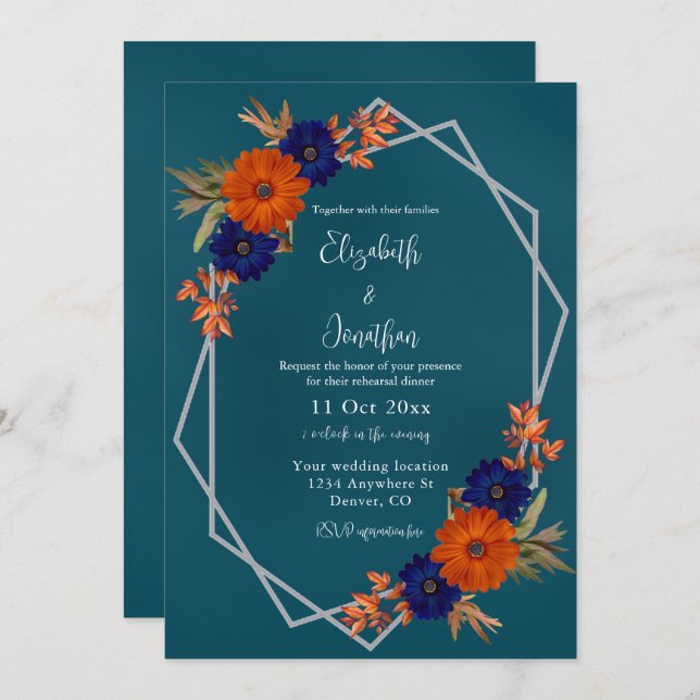 Rustic Autumn Orange Blue Floral Rehearsal Dinner Invitation (Front/Back)