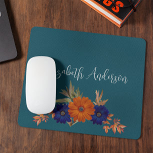 Rustic Autumn Orange Navy Blue Floral Mouse Mat