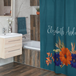 Rustic Autumn Orange Navy Blue Floral Shower Curtain