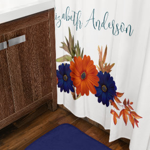 Rustic Autumn Orange Navy Blue Floral Shower Curtain