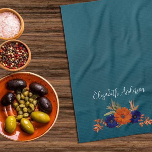 Rustic Autumn Orange Navy Blue Floral Tea Towel (Creator Uploaded)