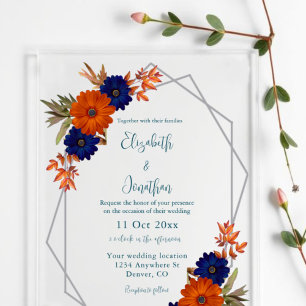 Rustic Autumn Orange Navy Blue Floral Wedding Acrylic Invitations