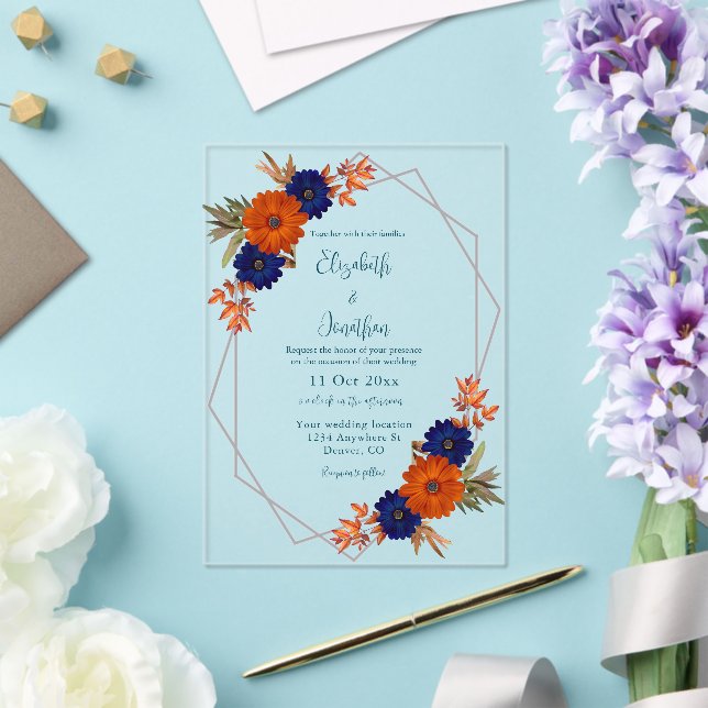 Rustic Autumn Orange Navy Blue Floral Wedding Acrylic Invitations (Insitu (Wedding))