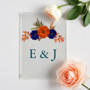 Rustic Autumn Orange Navy Blue Floral Wedding Acrylic Sign