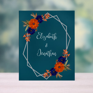 Rustic Autumn Orange Navy Blue Floral Wedding Acrylic Sign