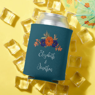 Rustic Autumn Orange Navy Blue Floral Wedding Can Cooler