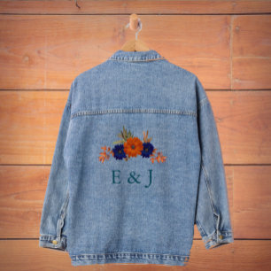 Rustic Autumn Orange Navy Blue Floral Wedding Denim Jacket