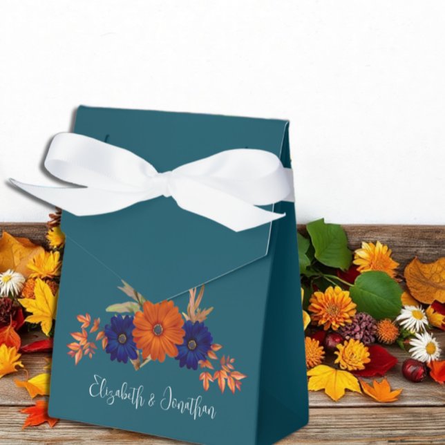 Rustic Autumn Orange Navy Blue Floral Wedding Favour Box (Creator Uploaded)