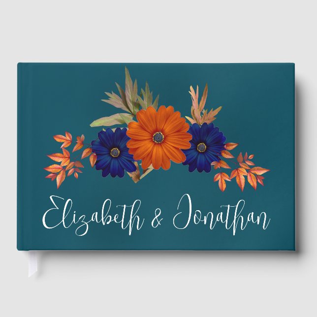 Rustic Autumn Orange Navy Blue Floral Wedding Guest Book (Front)