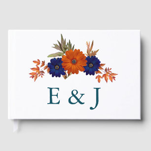 Rustic Autumn Orange Navy Blue Floral Wedding Guest Book