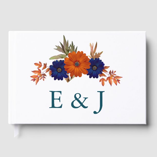 Rustic Autumn Orange Navy Blue Floral Wedding Guest Book (Front)