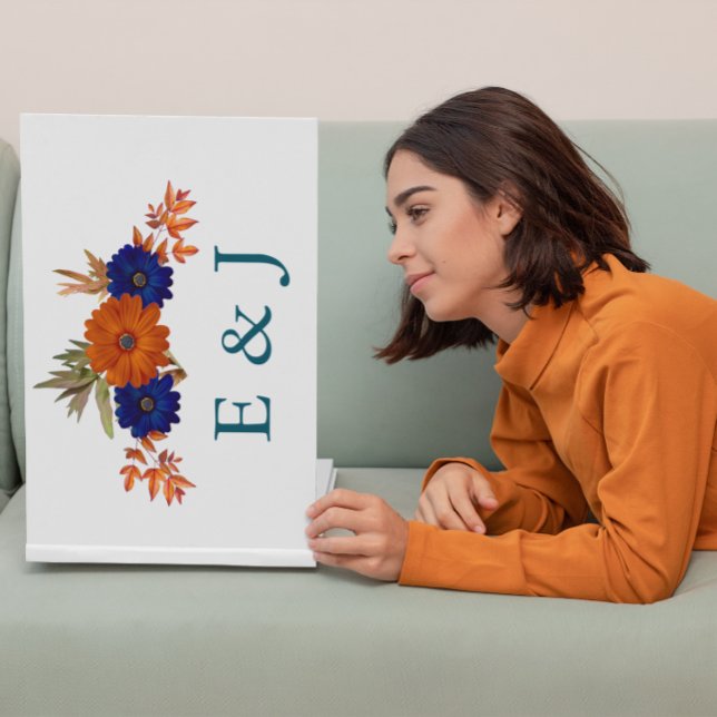 Rustic Autumn Orange Navy Blue Floral Wedding Guest Book (Creator Uploaded)