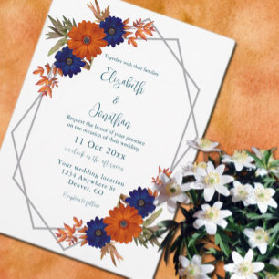 Rustic Autumn Orange Navy Blue Floral Wedding Invitation