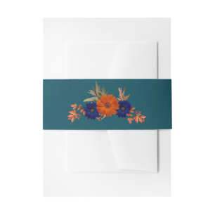 Rustic Autumn Orange Navy Blue Floral Wedding Invitation Belly Band