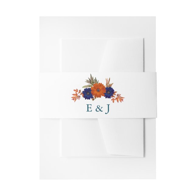 Rustic Autumn Orange Navy Blue Floral Wedding Invitation Belly Band (Front Example)