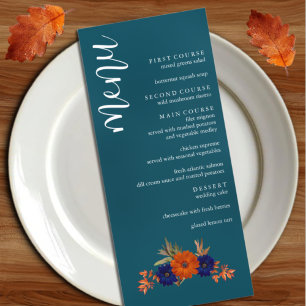 Rustic Autumn Orange Navy Blue Floral Wedding Menu