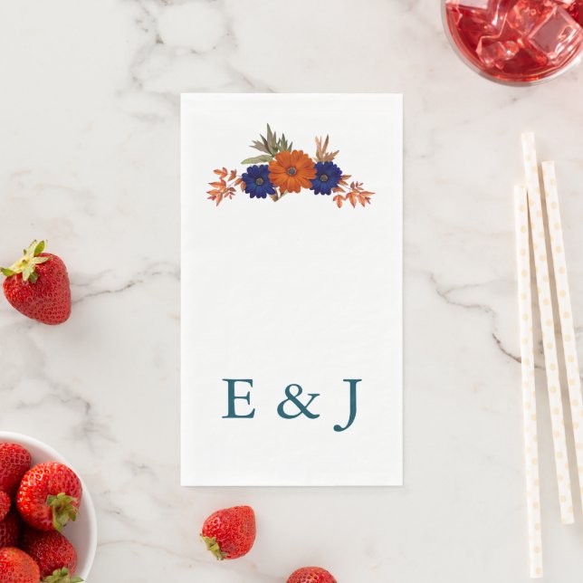 Rustic Autumn Orange Navy Blue Floral Wedding Napkin (Insitu)