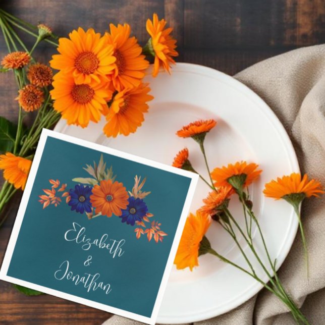 Rustic Autumn Orange Navy Blue Floral Wedding Napkin (Creator Uploaded)