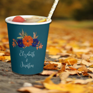 Rustic Autumn Orange Navy Blue Floral Wedding Paper Cups