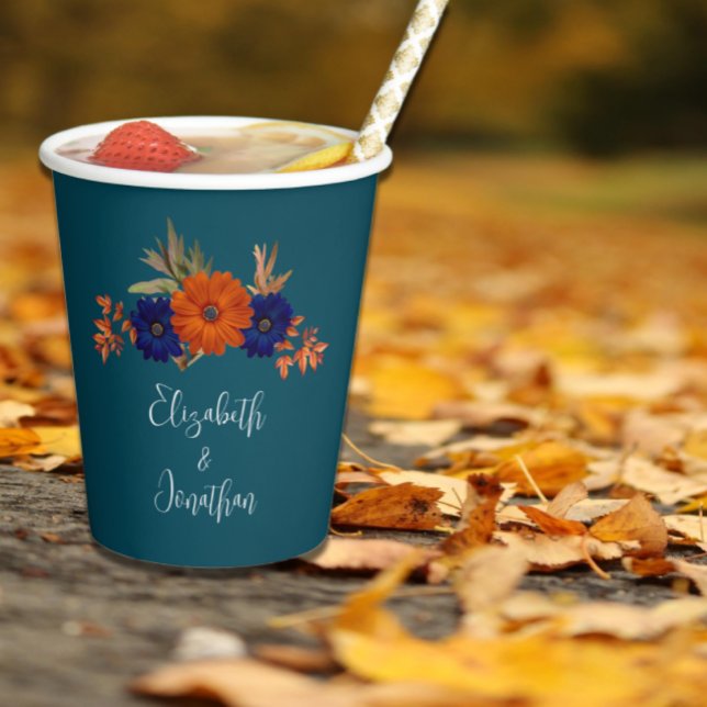 Rustic Autumn Orange Navy Blue Floral Wedding Paper Cups (Creator Uploaded)