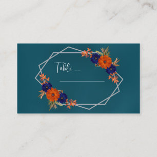 Rustic Autumn Orange Navy Blue Floral Wedding Place Card