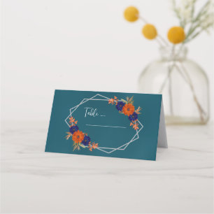Rustic Autumn Orange Navy Blue Floral Wedding Place Card