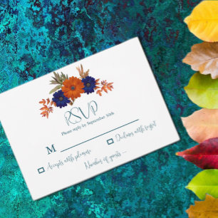 Rustic Autumn Orange Navy Blue Floral Wedding RSVP Card