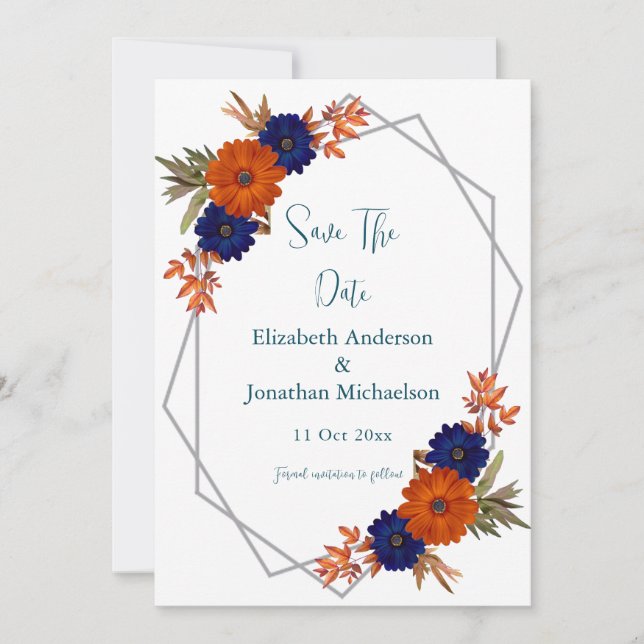 Rustic Autumn Orange Navy Blue Floral Wedding Save The Date (Front)