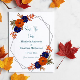 Rustic Autumn Orange Navy Blue Floral Wedding Save The Date