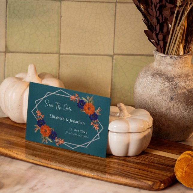 Rustic Autumn Orange Navy Blue Floral Wedding Save The Date (Creator Uploaded)