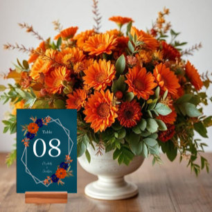 Rustic Autumn Orange Navy Blue Floral Wedding Table Number