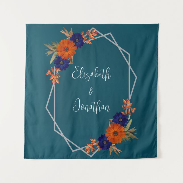 Rustic Autumn Orange Navy Blue Floral Wedding Tapestry (Front)
