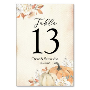 Rustic Autumn Orange Pumpkins & Flowers Table Number