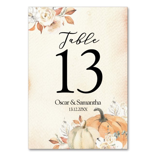 Rustic Autumn Orange Pumpkins & Flowers Table Number (Front)