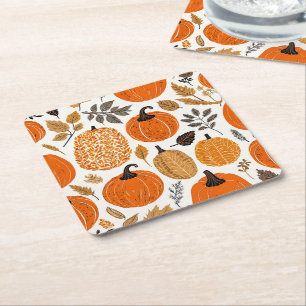 Rustic Autumn Orange Pumpkins Foliage Pattern Square Paper Coaster