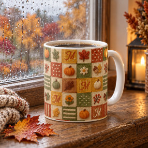 Rustic Autumn Patchwork Pumpkin Monogram Coffee Mug