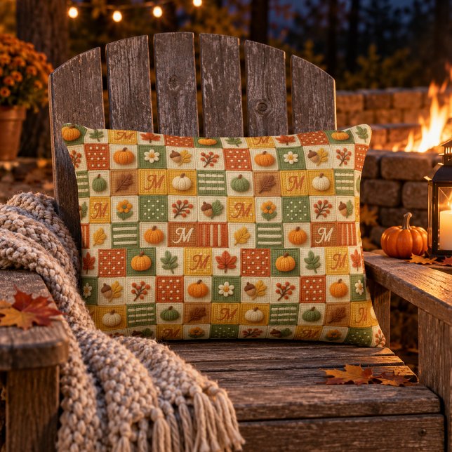 Rustic Autumn Patchwork Pumpkin Monogram Decorative Cushion (Creator Uploaded)